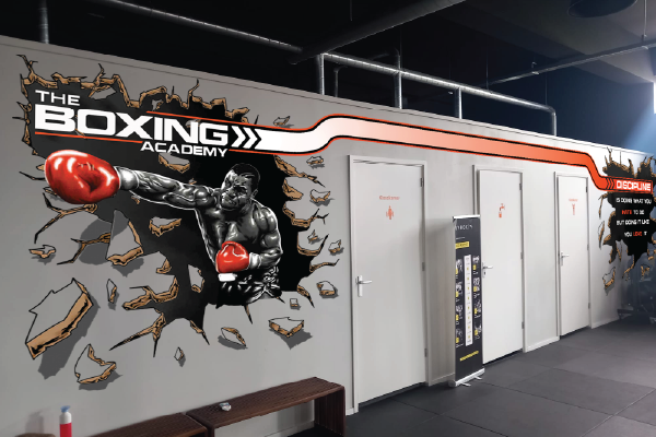 Large format logo and branding wall printing in fitness facility