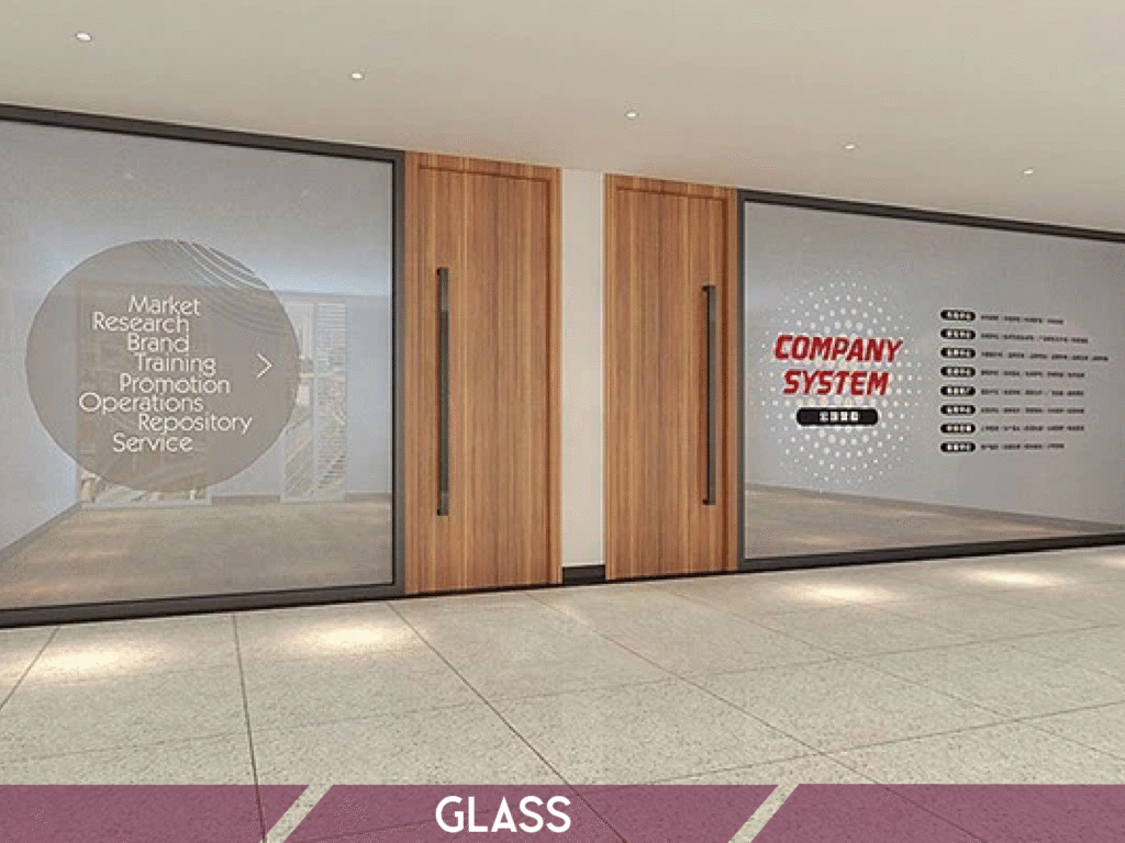 High resolution wall printing on glass surface in modern office interior