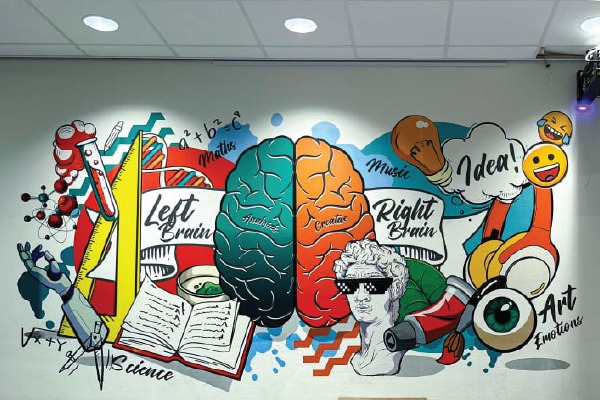 Educatieve muurprint met hersenen en wetenschap illustraties in school