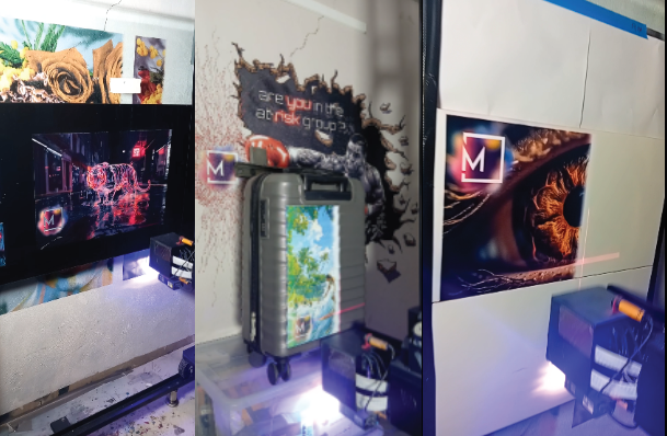 Test van muurprint op verschillende materialen met UV printer